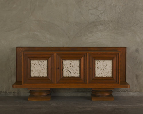 FRENCH BUFFET WITH CERAMIC INLAY PLAQUES IN THE STYLE OF JEAN MAYODON